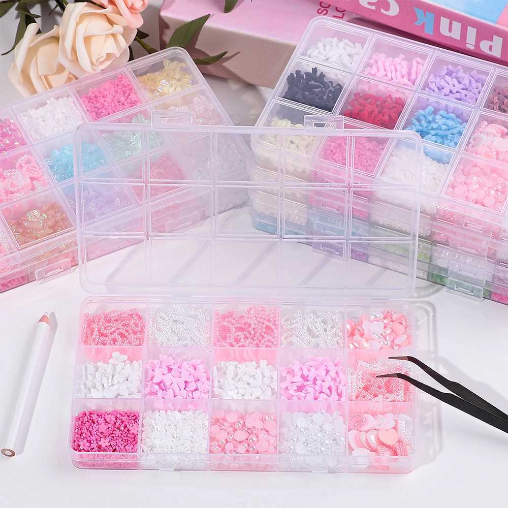 24 Grid 3D Color Acrylic Flower Nail Art Rhinestone Set Mixed Caviar Beads Cherry Blossom Spring Gemstone Acrylic Petal Nail Charm W240829