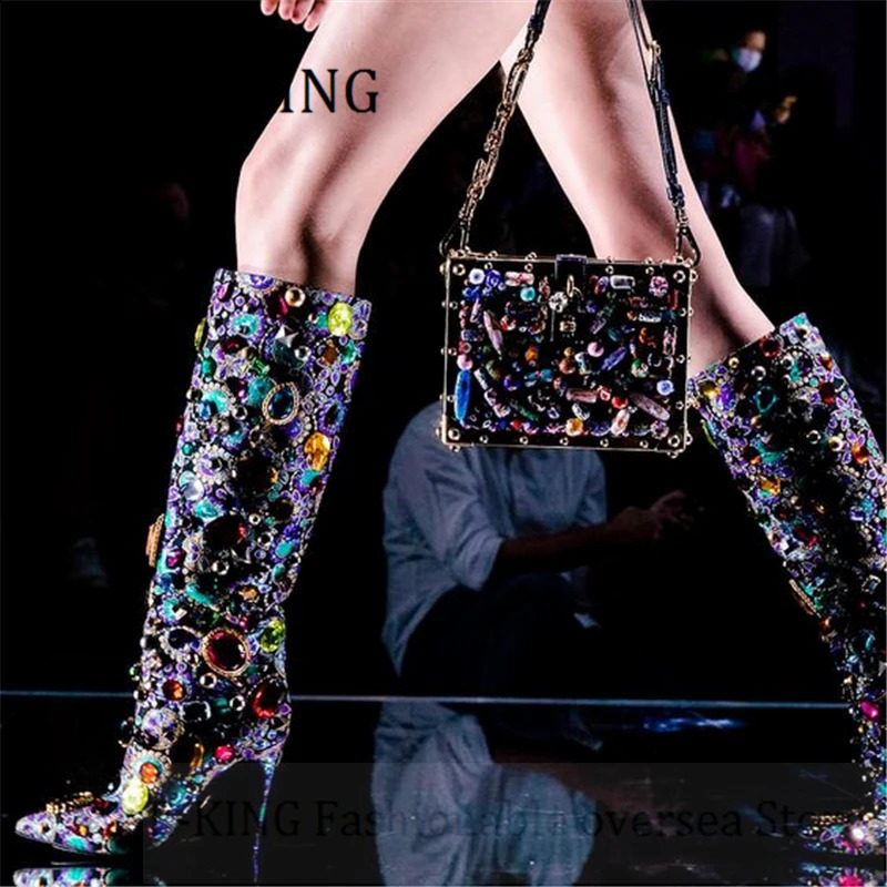 Women Gemstoneembellished Kneeheight Boots Sexy Pointed Toe Stiletto Heel New Botines Mujer Ladies Runway Party Shoes 240828
