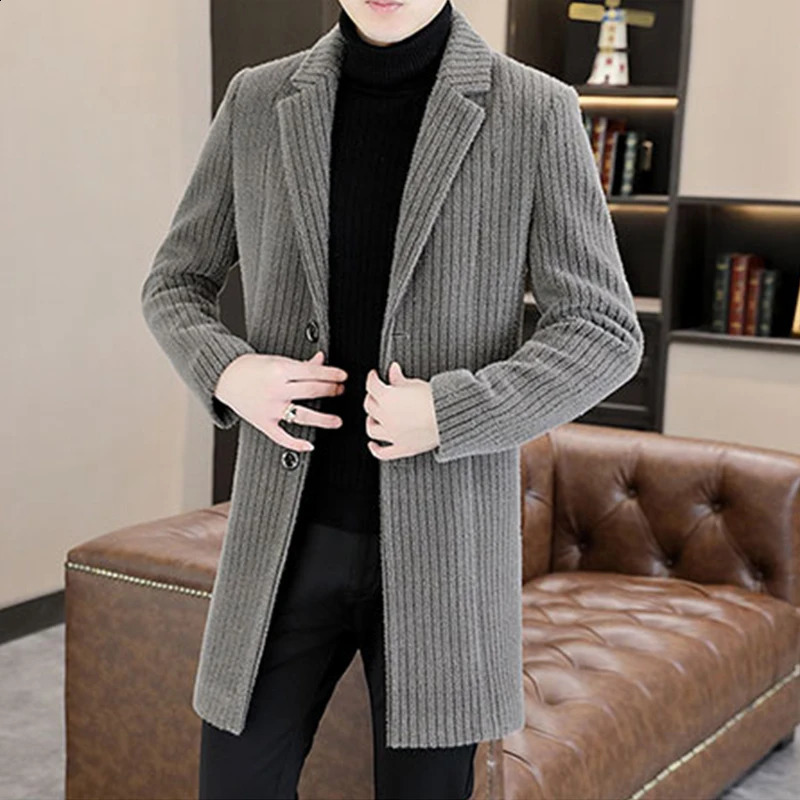Mens mid length solid striped wool coat autumn and winter casual warm windproof jacket loose thick top 240829