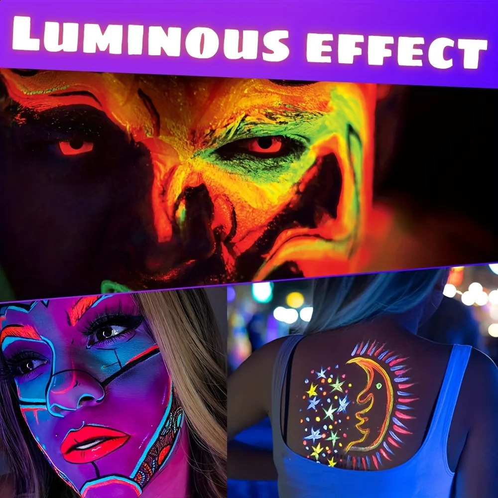 6 Colors/Set Quicker Dry Glow in the Dark Body and Face Paint Halloween Party Washable Fluorescent Makeup Music Festival 240829