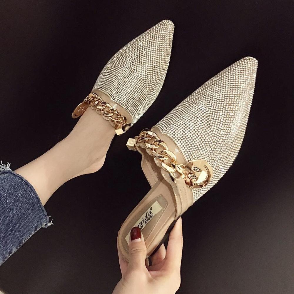 2024 Sparkly Rhie Slippers, Women's Metal Chain Slip-on Sandals for Evening Party dh911125171