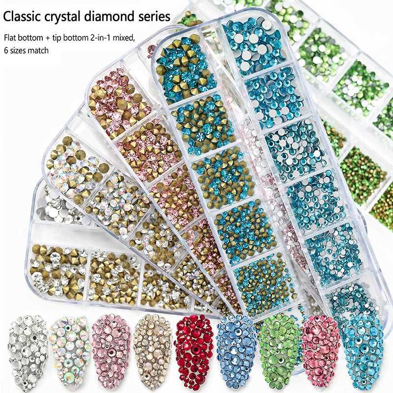 12 grid mixed size glass crystal non thermal fixed rhinestone flat crystal 3D sparkling nail art rhinestone decoration W240829