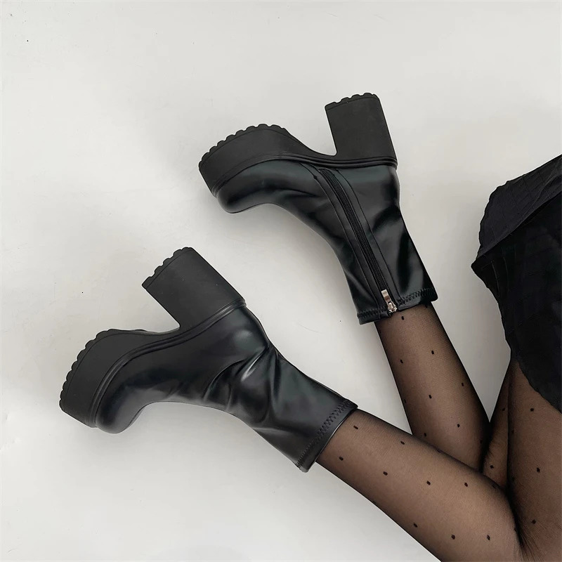 Platform Thick Heel Women Short Boots Fashion Side Zippers Ankle Booties Night Club Autumn Winter Female Shoes