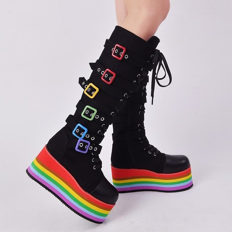 High Boot Knee Women Fashion Novelties 2022 Rainbow Platform Cowboy Boots Designer Thick Sole Shoes Botas Altas Plataforma Mujer 0316 s
