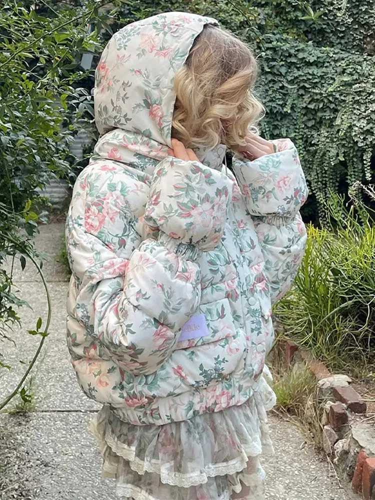 Women's Down Parkas Swt printed multi-color womens cotton jacket with hat long Slve zipper pocket womens coat 2023 winter thick womens coat Y2408
