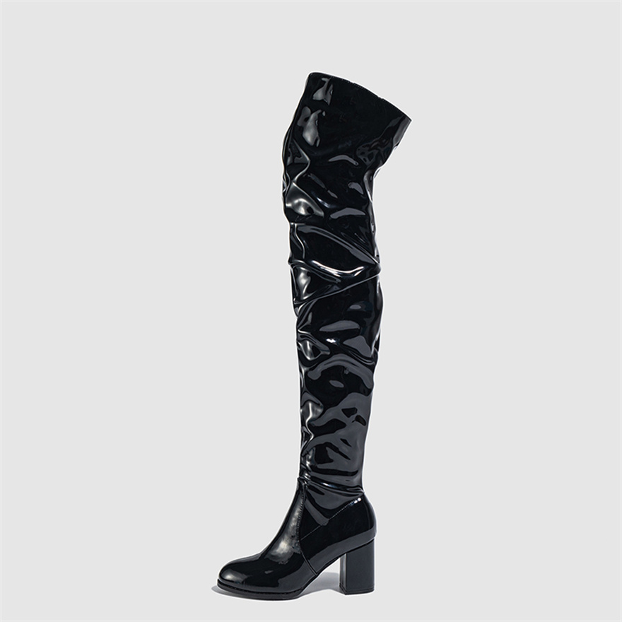 Women's Thigh High Boots Black Red Patent Leather Over The Knee Boots Round Toe Zippers Ladies Square Heel Sexy Party Long Shoes