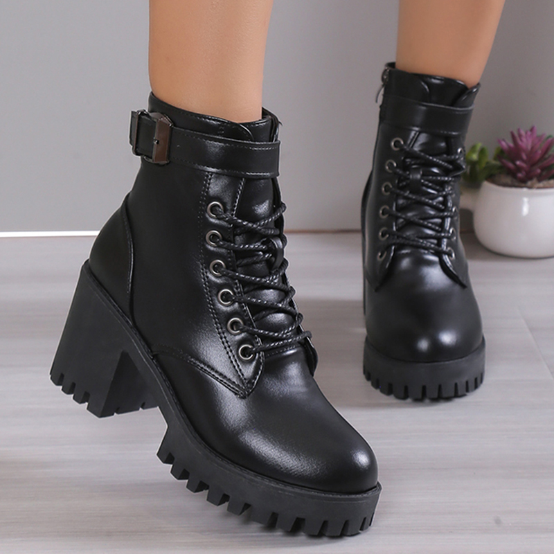 High Women's Heels Ankle for 2023 Black PU Leather Platform Short Boots Woman Side Zipper Thick Heeled Punk Botas De Mujer abca Platm