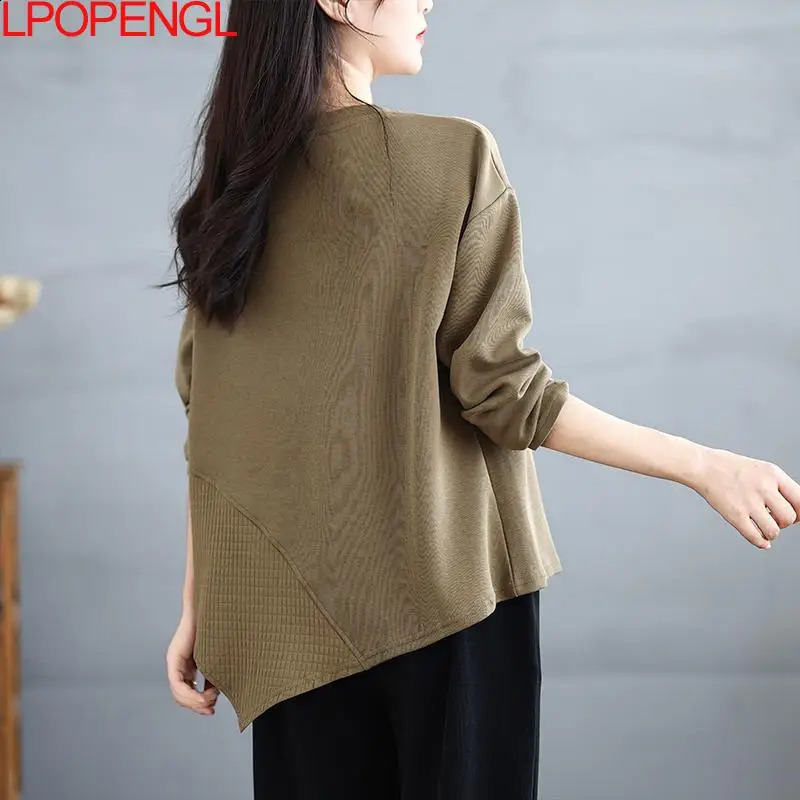 Fashionable womens Korean solid color irregular long sleeved sportswear Tshirt autumn edition loose zipper Oneck retro top 240827