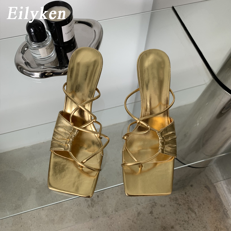 Gold Narrow Eilyken Band Women Slipper Female Square Pinch Toe Low Heel Slides Sandal Flip ps Mujer Shoes