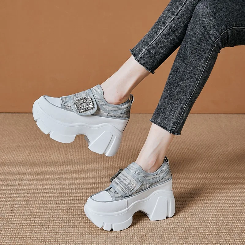 Denim Platform Women's Canvas Shoes 7cm Platform Women Casual Sneakers Luxury Rhinestone Square Buckle Ladies Vulcanized Shoes