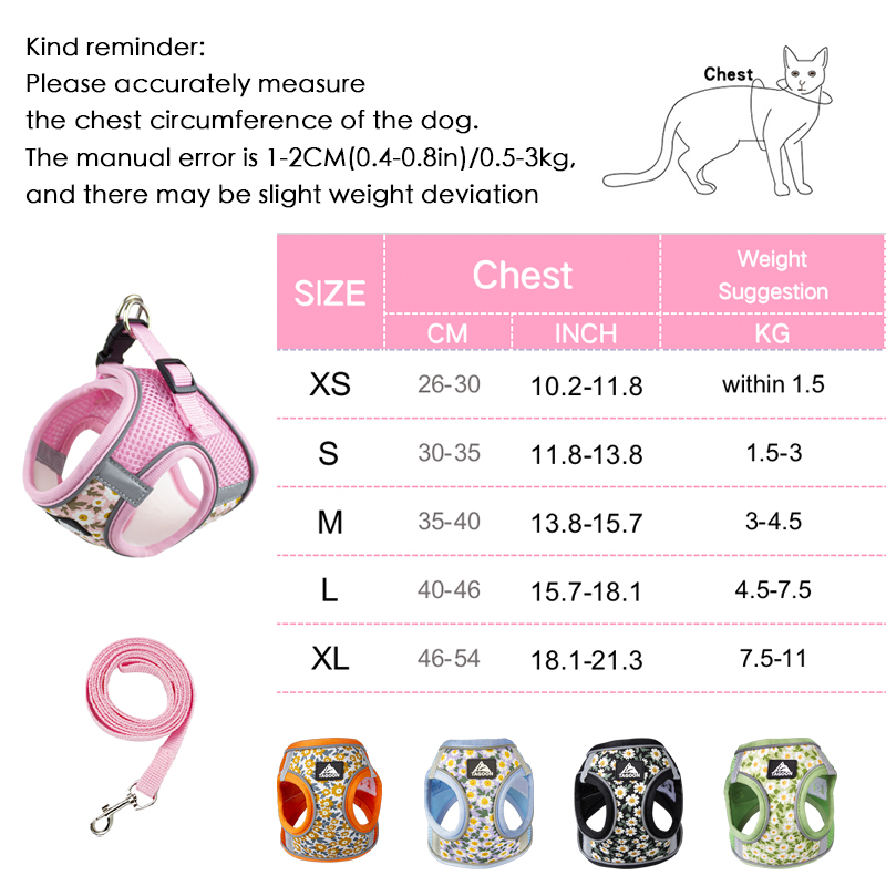 Floral Pet Harness and Leash Set For Small Dogs Reflective Vest Harness for Chihuahua Small Medium Pets Chest Strap Dog Walking
