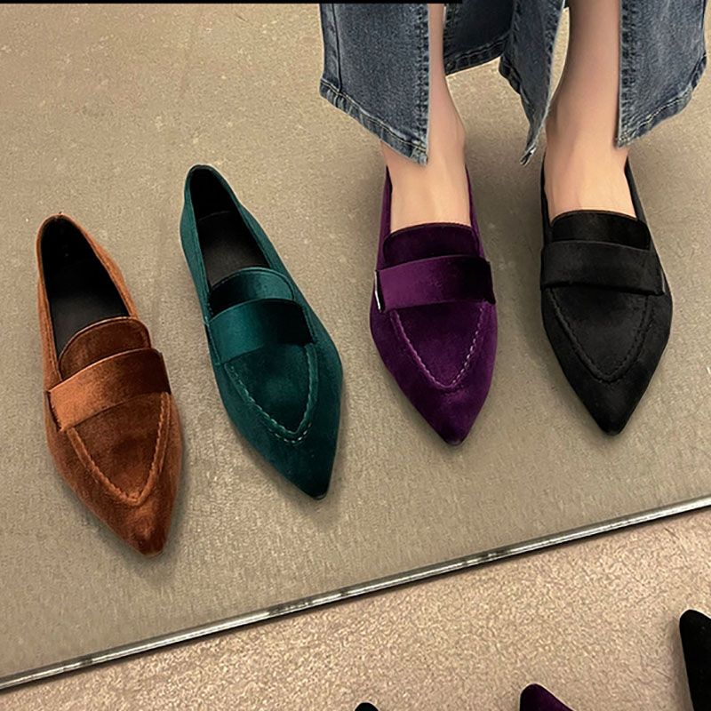 Women's Velvet Flats Pointed Toe Slip on Flat Shoes Woman Loafers Sewing Boat Shoes Plus Size 42 Black Green Brown Purple 1106N