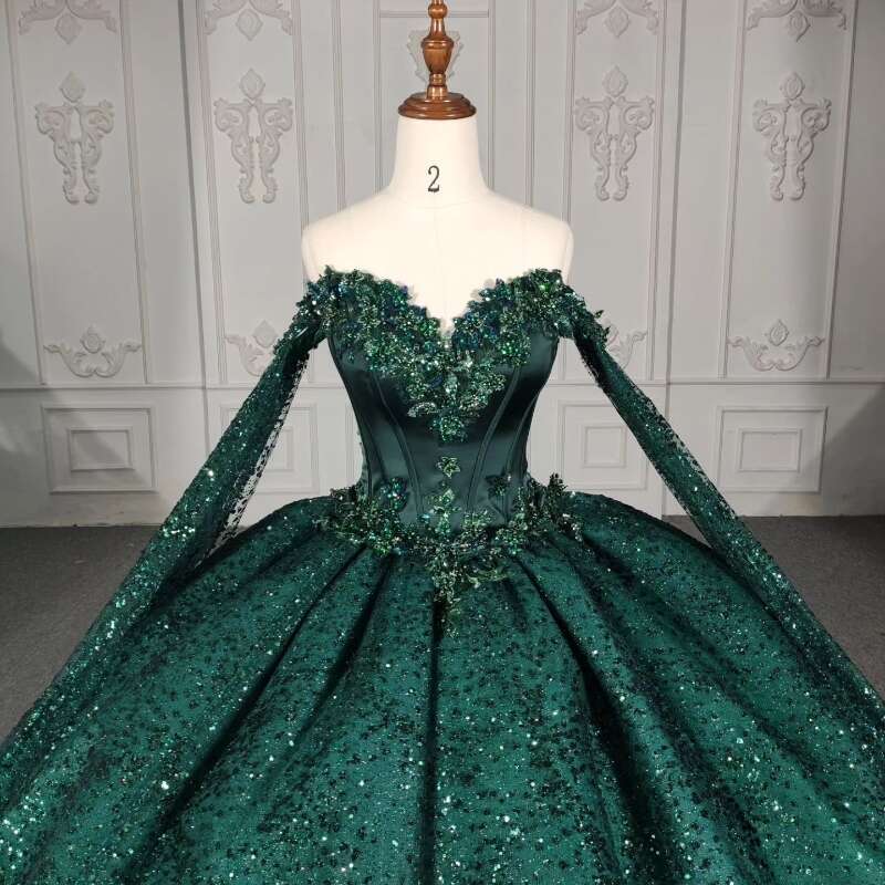 Blackish Green Shiny Off The Shoulder Ball Gown Quinceanera Dress Birthday Party Gowns Beaded Prom Dresses Vestido De 15 Anos