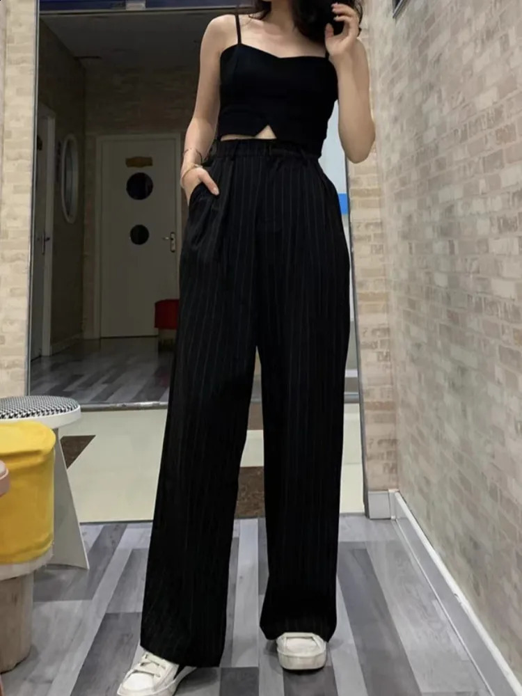 Y2K retro black and white striped high waist wide leg pants for women pleated front loose Korean mens 240827