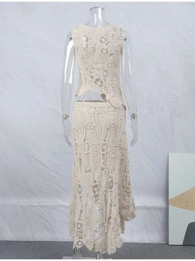 Crochet Knitted Asymmetric Dress Set Chic O-neck Tank Top and Midi Skirt Set Vintage Lace Spring/Summer Women Clothing 240829 - view 7