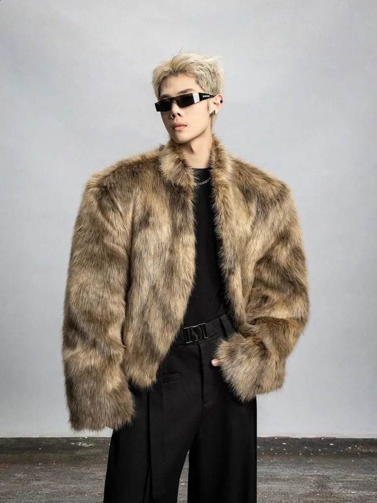 Korean fashion fox hair mens jacket street silver fox fur short thick casual winter street clothing warm faux fur coat 240912