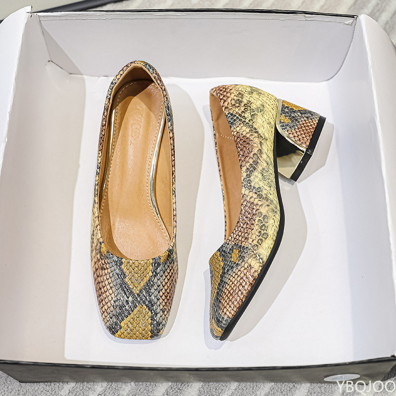 Autumn New Sexy Chunky Heel Split Leather Snakeskin Soft Women Round Toe Ladies Dress Shoes 2023 305d 2500