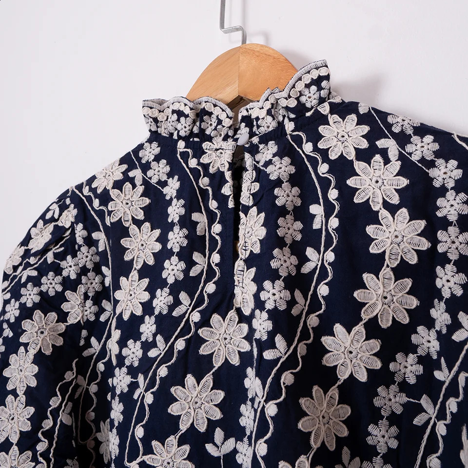 ZESSAM Flower Embroidery Women Shirt Half High Collar Long Sleeve Button Lace Pullover Vintage Classic Casual Lady Top 240827