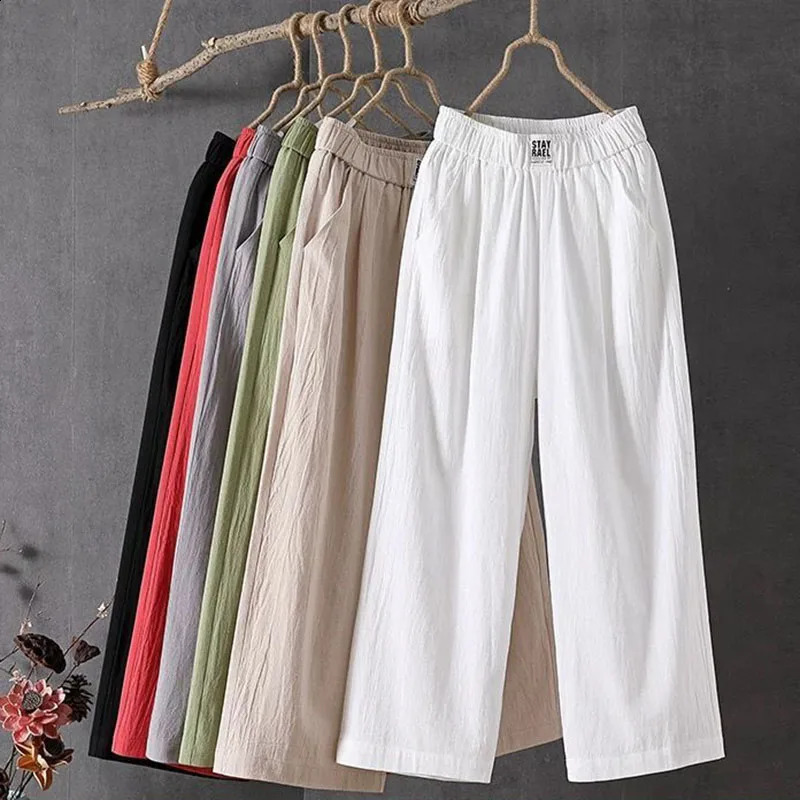 Xpqbb Summer Cotton and Linen Pants Women Casual Loose Elastic Waist Straight Trousers Female Vintage Solid Color Wide Leg Pants 240829