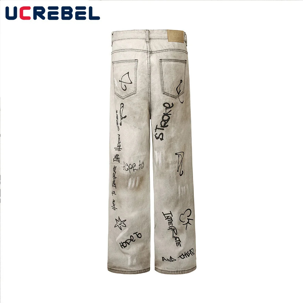 Letter Graffiti Dirty Wash Jeans Mens Pocket Y2k High Street Loose Straight Wide Leg Denim Pants Mens Trousers 240829