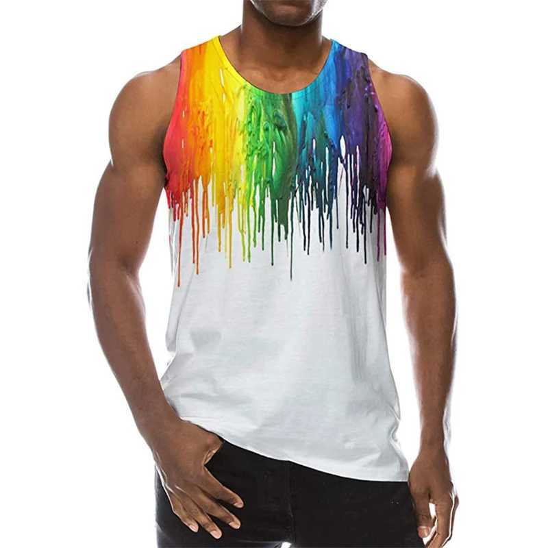 2023 New Rainbow Paint Splash 3D Printing Graffiti Mens Tank Top Mens Hip Hop Casual O-neck Vest Street Clothing Oversized TopW240718