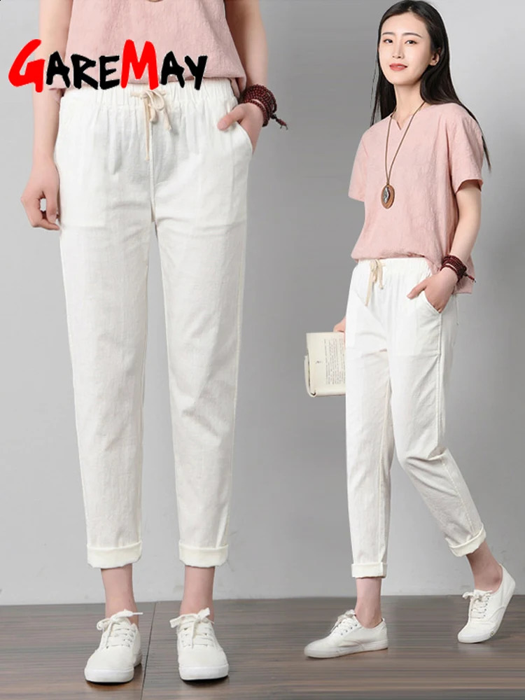 Garemay Cotton Linen for Trousers Loose Casual Solid Color Women Harem Pants Womens Summer 240829