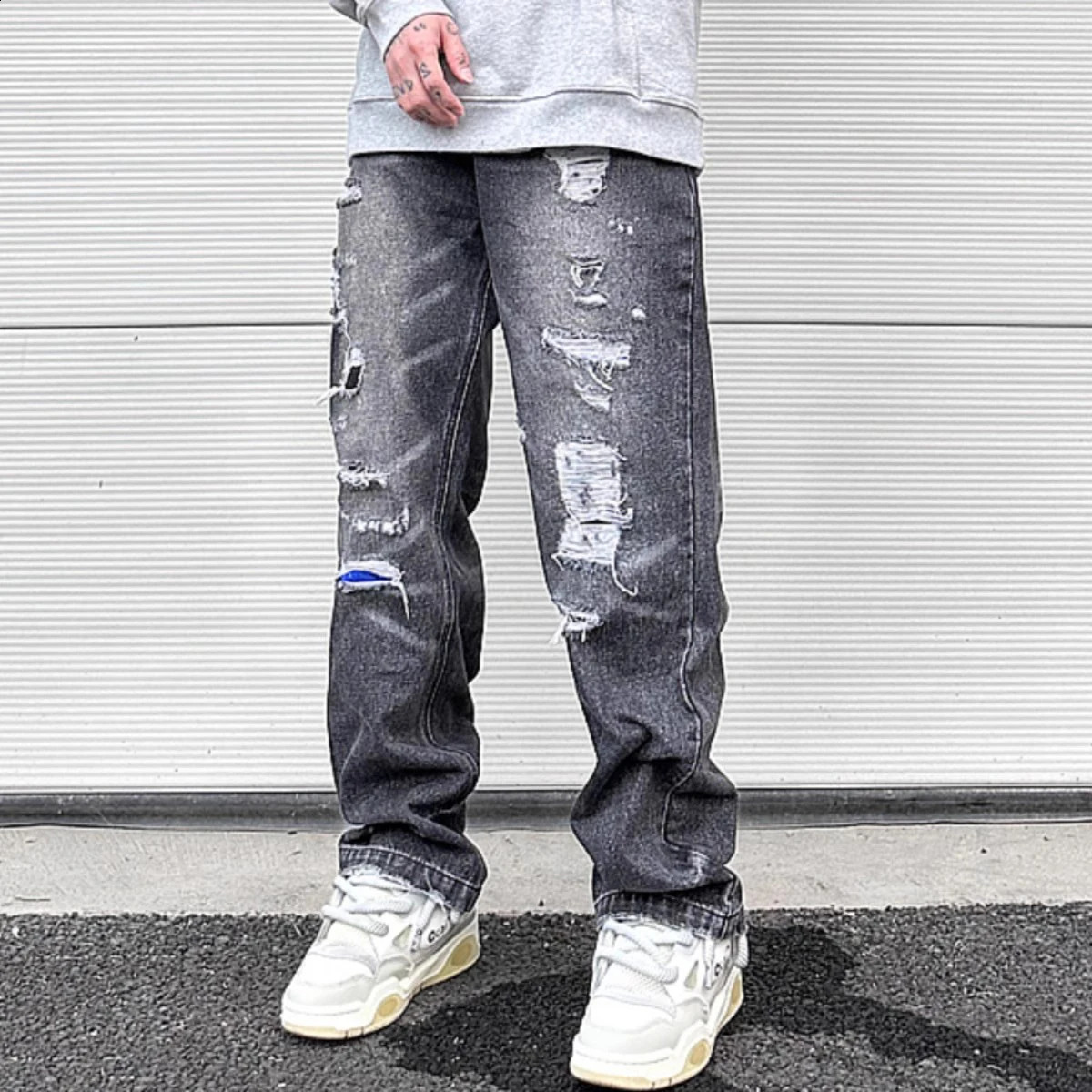 Y2K Frayed Hole Damaged Washed Black Baggy Jeans for Men Streetwear Straight Casual Denim Trousers Ropa Hombre Loose Cargo Pants 240826Z