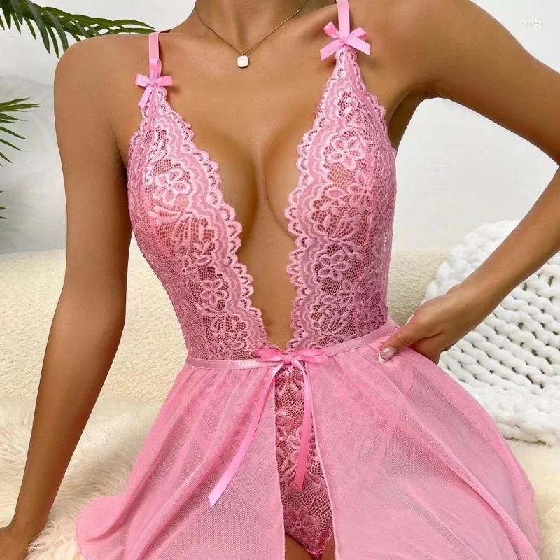 Bras Sets Sexy Open Bodysuit Underwear Set For Women Lace Perspective Night Skirt Sex Erotic Lingerie Corsets Bra And Panty
