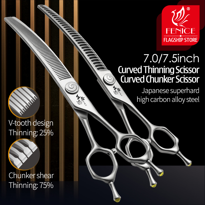 Fenice High Quality 7.0/7.5 Inch Professional Dog Grooming Shears Curved Chunker Thinning Scissors for Dog Face Body Cutting