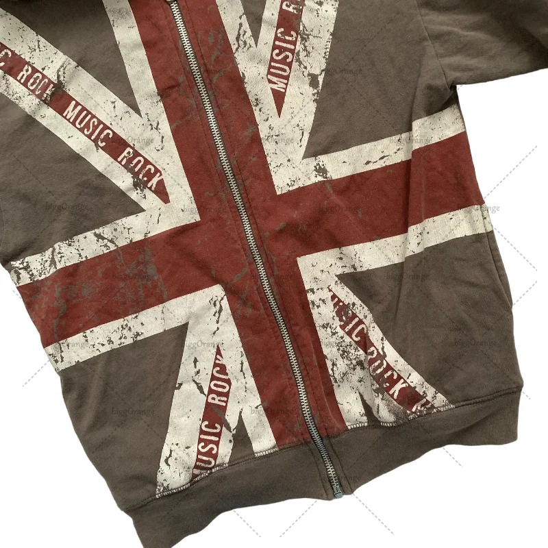 Y2K European and American Hip Hop Letter British Clothing Hoodie Gothic Harajuku Street Zipper Hoodie Casual Loose Sweater 240829