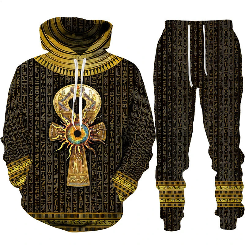 Ancient Horus Egyptian style 3D printed track suit set mens hooded sweatshirtpants 2-piece set oversized casual streetwear zipper clothing 240829
