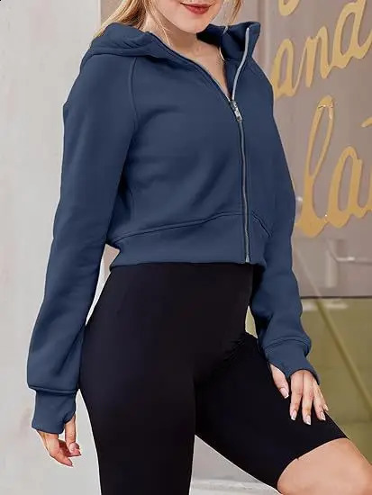 Hooded zipper short casual wool long sleeved sweater hooded sweatshirt womens 240827