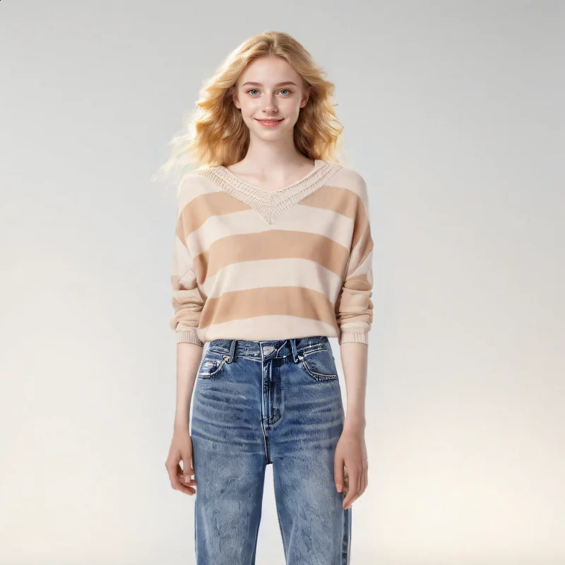 YG Autumn Womens Knitted Fashion Stripe Vneck Loose Long Sleeve Fabric Soft and Comfortable Hoodie 240827