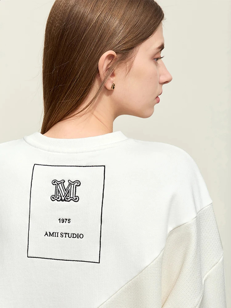 Amii Minimalism Womens Sweater Spring Round Neck Hanging Sleeve Embroidered Splicing Loose Casual Solid Hoodie 12451025 240827