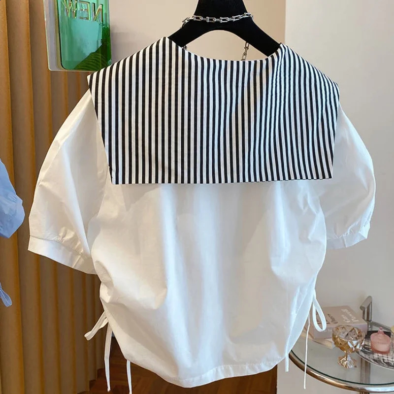 Korean Fashion Blouses Striped Contrast Color Draw String Peter Pan Collar Shirts Summer Short Sleeve Casual Loose Women Tops 240830