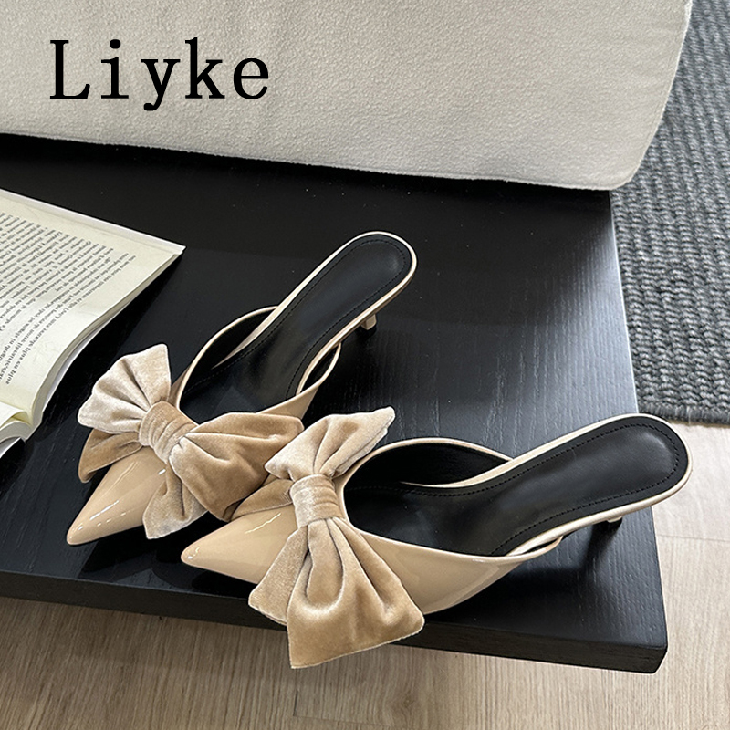 Liyke 2024 Spring New Brand Women Pumps Slipper Sexy Bowknot Pointed Toe Slip On Ladies Mules Thin Low Heels Dress Sandal Shoes