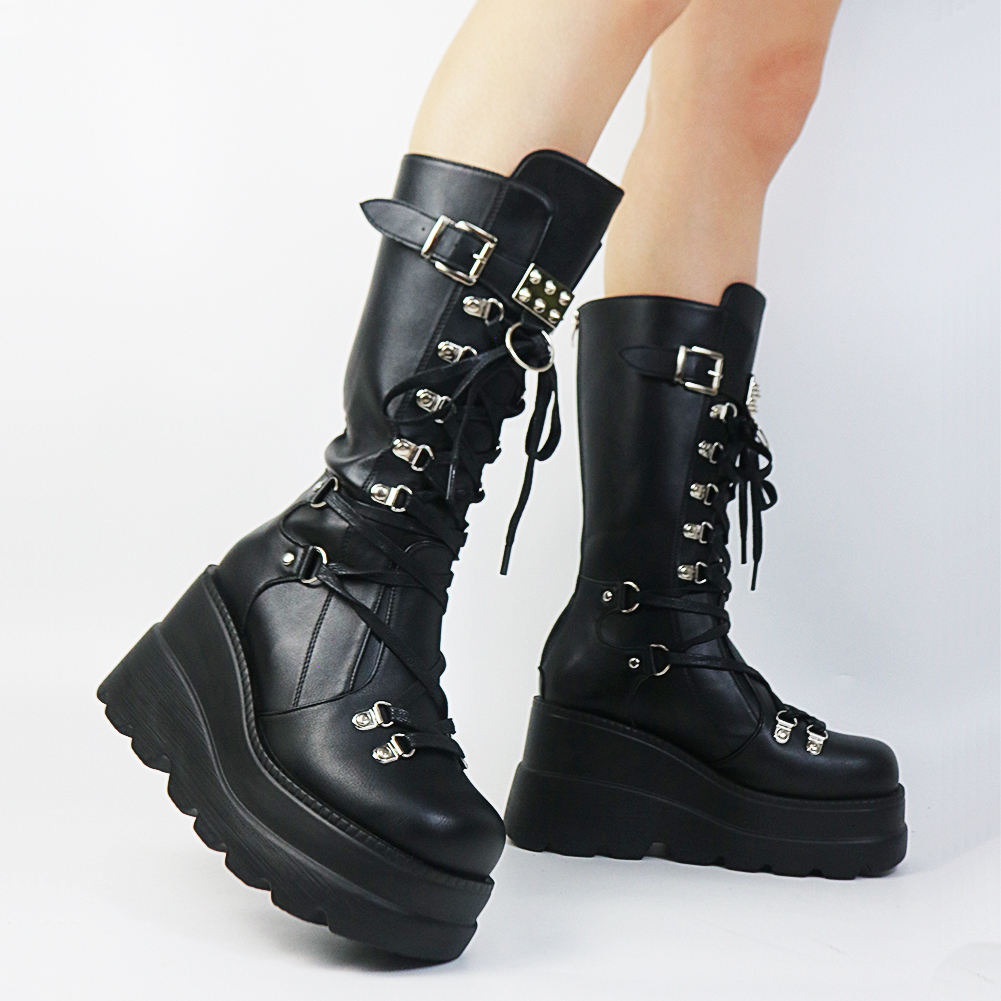 Gothic Style Platform Vampire Cosplay Women Mid-Calf 2023 Autumn Wedges Comfortable Woman Motorcycle Boots Shoes Plus Size