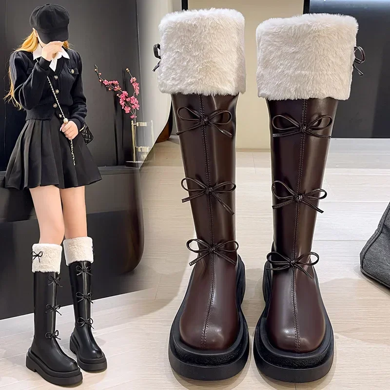 veet Leather Knee High For Women Winter bow Platform Knight Boots Woman Fashion Cross-Tied Botas Mujer 2024 0b2a