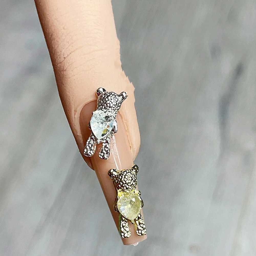10 pieces of gold/silver bear nail art 3D charm cute rhinestone metal alloy processing design nail accessories decoration JE1009 W240829