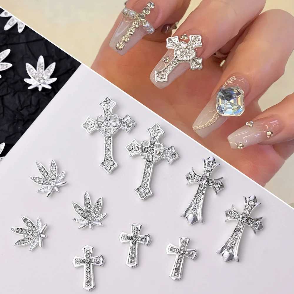 10 Luxury Silver Cross Nail Art Charm Jewelry Retro Alloy Rhinestone Flash 3D Nail Art DIY Punk Ergonomic Accessories W240829