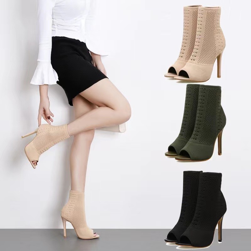 2025 new Stiletto High Heels Summer Elastic Women Ladies Mesh Net Peep Toe Shoes Woman Cross Tied Nude Ankle Boots