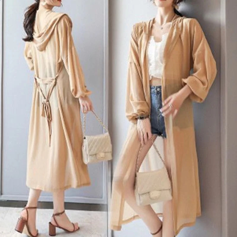 Summer Sun Protection Clothing Women Hooded Cardigan Female Chiffon Sunscreen Shirt Long Coat Ladies Shawl Outerwear 240819