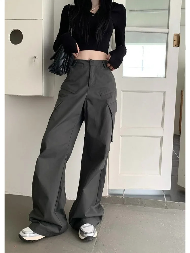 HOUZHOU Womens Freight Pants Grey Retro Y2K Luggage Korean High Waist Trouser Techwear Aesthetic Female Streetwear Hippie 240827