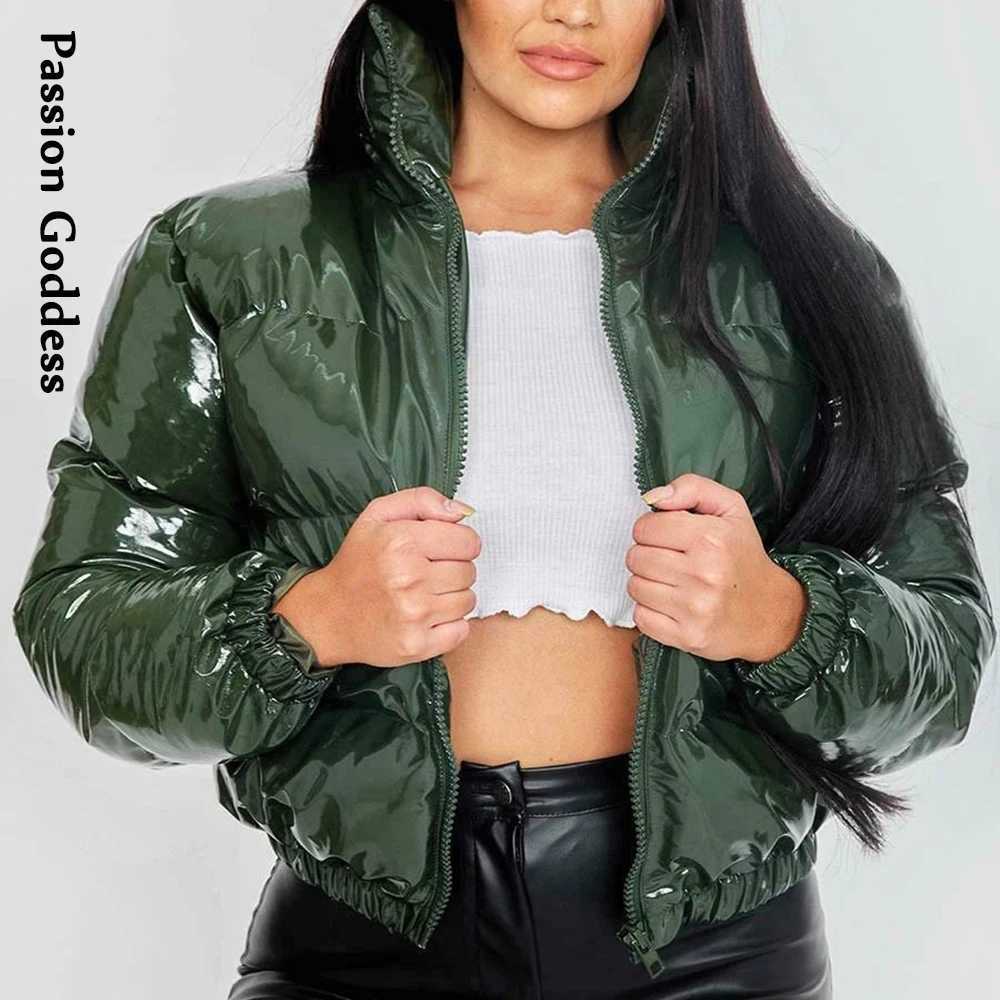 Women's Down Parkas Autumn Winter Women Bright Leather Puffer Jackets Warm Loose Cute Bubble Coats Parkas Down Stand Collar Solid Color Parkas XX