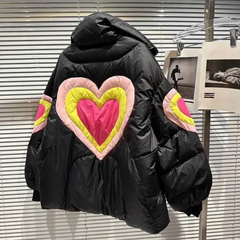 Womens Down Parkas Heart shaped printed down jacket for women highquality Parkas splicing fashionable couple cotton coat thick and warm winter jacket 