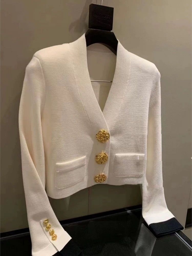 Women v-neck gold big flower buttons single breasted fashion knitted sweater cardigans SMLXL