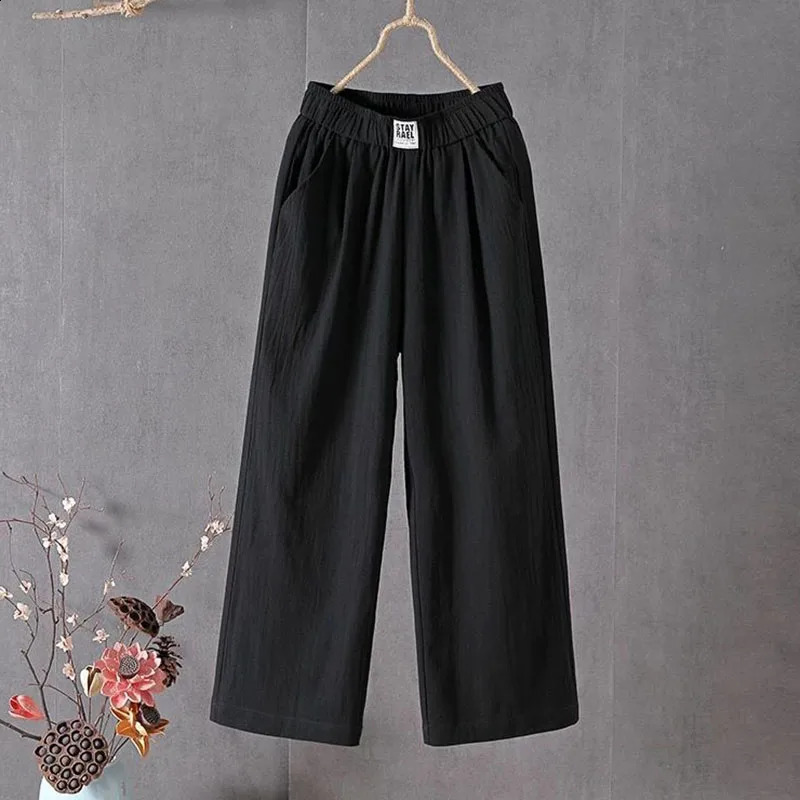 Xpqbb Summer Cotton and Linen Pants Women Casual Loose Elastic Waist Straight Trousers Female Vintage Solid Color Wide Leg Pants 240829
