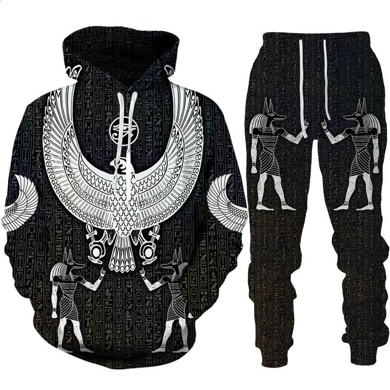 Ancient Horus Egyptian style 3D printed track suit set mens hooded sweatshirtpants 2-piece set oversized casual streetwear zipper clothing 240829