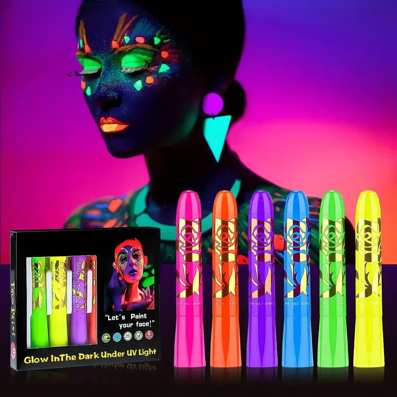 6Pcs UV Neon Paint Kit emits light in the dark under UV light black glow makeup kit washable water-soluble paint 240829