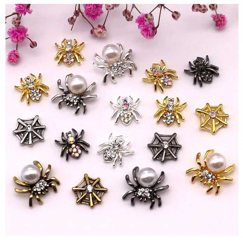 10 pieces/pack Metal Halloween nail decoration pumpkin skeleton spider skull shiny rhinestone charm nail accessories W240829
